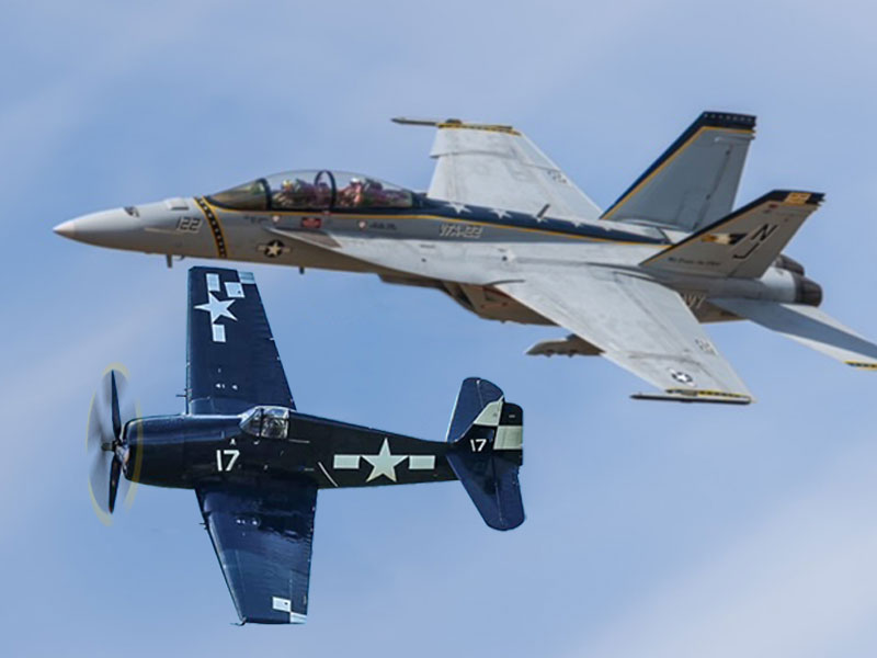 U.S. Navy F/A-18 Super Hornet and F6F Hellcat