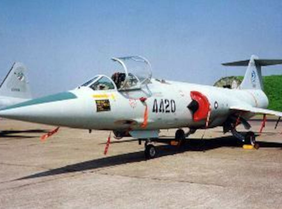 Lockheed F-104 Starfighter aircraft parked on a tarmac with canopy open, showing nose number 4420 and red intake covers under a clear sky.