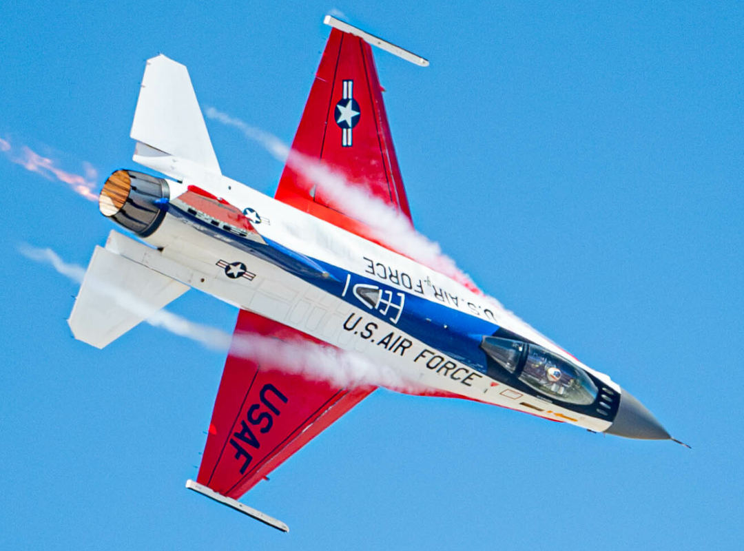 U.S. Air Force Maj. Taylor "FEMA" Hiester, F-16 Viper Demonstration Team commander and pilot, performs aerial maneuvers in an F-16C Fighting Falcon during an air show at Marine Corps Air Station Yuma, Ariz., March 15, 2025. The F-16, a multi-role fighter aircraft capable of both air-to-air and air-to-ground combat, demonstrates its versatility through dynamic aerial maneuvers during the demonstrations. (U.S. Air Force photo by Senior Airman Steven Cardo)