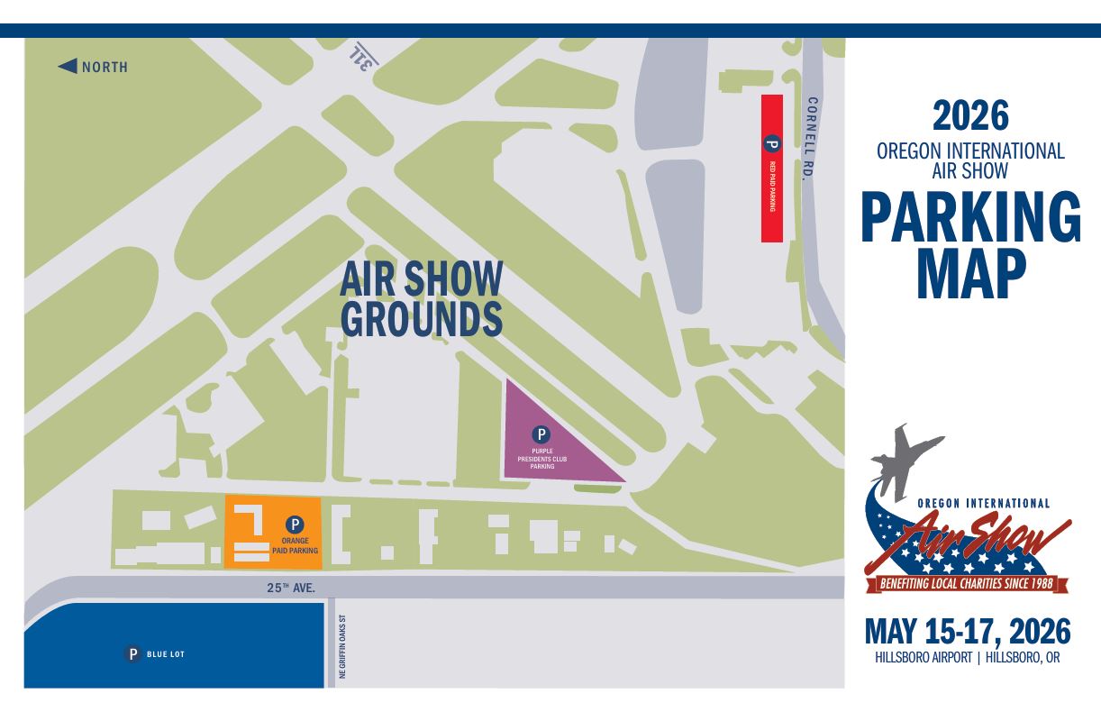 Illustrated parking map for the 2026 Oregon International Air Show at Hillsboro Airport in Hillsboro, Oregon. The map shows the air show grounds centered among airport runways and taxiways, with a north arrow indicating orientation. Surrounding streets include Northeast 25th Avenue along the bottom and Cornell Road on the right side. Designated parking areas are color-coded and labeled: a large blue “Blue Lot” south of 25th Avenue; an orange “Orange Paid Parking” lot just north of 25th Avenue near the lower-left; a purple “President’s Club Parking” triangular lot to the right of the air show grounds; and a red “Preferred Parking” area along Cornell Road on the right side of the map. The right panel includes event branding and details: “2026 Oregon International Air Show Parking Map,” the air show logo with an aircraft silhouette, and event dates May 15–17, 2026, at Hillsboro Airport in Hillsboro, Oregon.