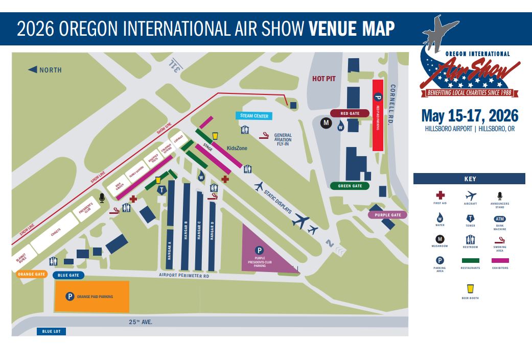 Illustrated venue map for the 2026 Oregon International Air Show at Hillsboro Airport in Hillsboro, Oregon, May 15–17, 2026. The map shows the show line and runway with static aircraft displays along the ramp, announcers stand, exhibitors, stage, KidsZone, and the Steam Center near the general aviation fly-in area. Visitor amenities marked throughout the grounds include restrooms, water stations, towers, first aid, smoking areas, restaurants, and beer booths. Multiple gates are labeled including Orange Gate, Blue Gate, Green Gate, Purple Gate, and Red Gate near Cornell Road. Parking areas include Orange Paid Parking, Blue Lot, and Purple President’s Club Parking along Airport Perimeter Road and 25th Avenue. A legend identifies icons for aircraft, announcers stand, water, towers, ATM/bank machine, mushrooms, restrooms, smoking areas, parking areas, restaurants, exhibitors, and beer booths. A north arrow indicates orientation.