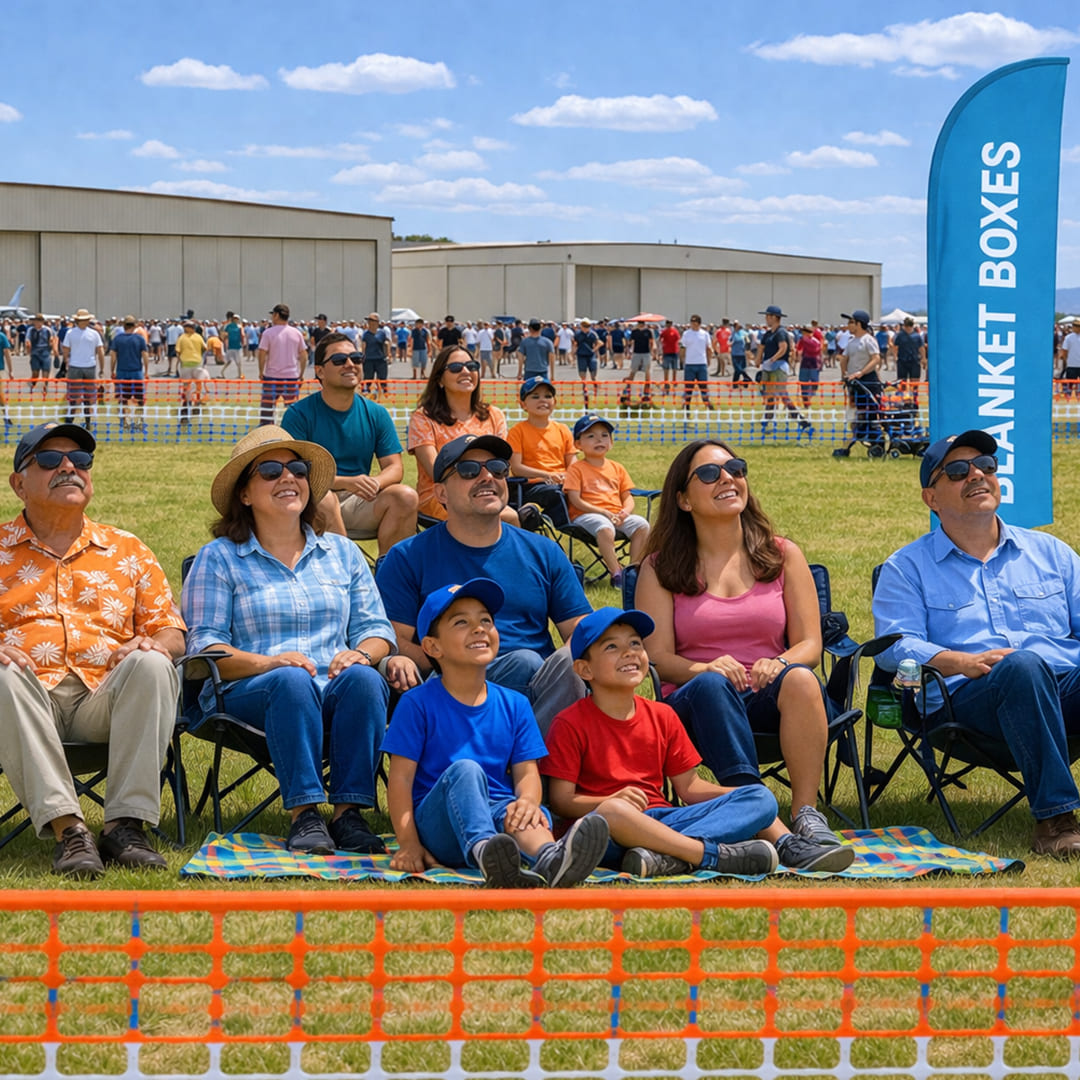 Oregon International Air Show - Ticket Type Blanket Boxes. A family sits together on blankets and in chairs, while looking at the sky. Behind them in the distance is the air show grounds with people milling about. 