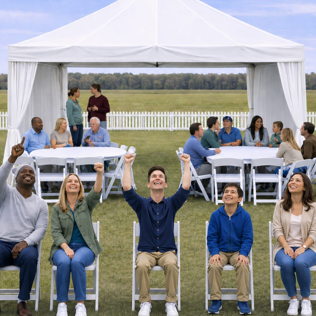Oregon International Air Show - Ticket Type Cabanas. Participants seated and cheering to the sky, and other participants at tables behind them talking to each other. A white tent stands behind them to provide shade from the sunny sky. 