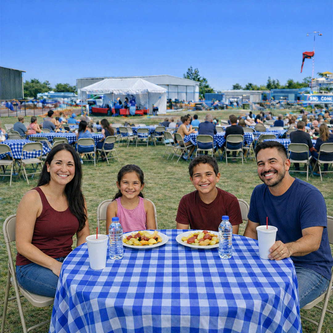 Oregon International Air Show - Ticket Type Family Garden. A family sits facing forward at a table with some food and drinks on their table. Behind them are other tables with people talking to each other, and the air show grounds are in the distance.
