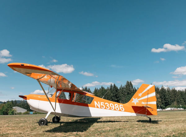 Orange and white Bellanca aircraft N53986 parked on a grassy field with trees and blue sky in the background.