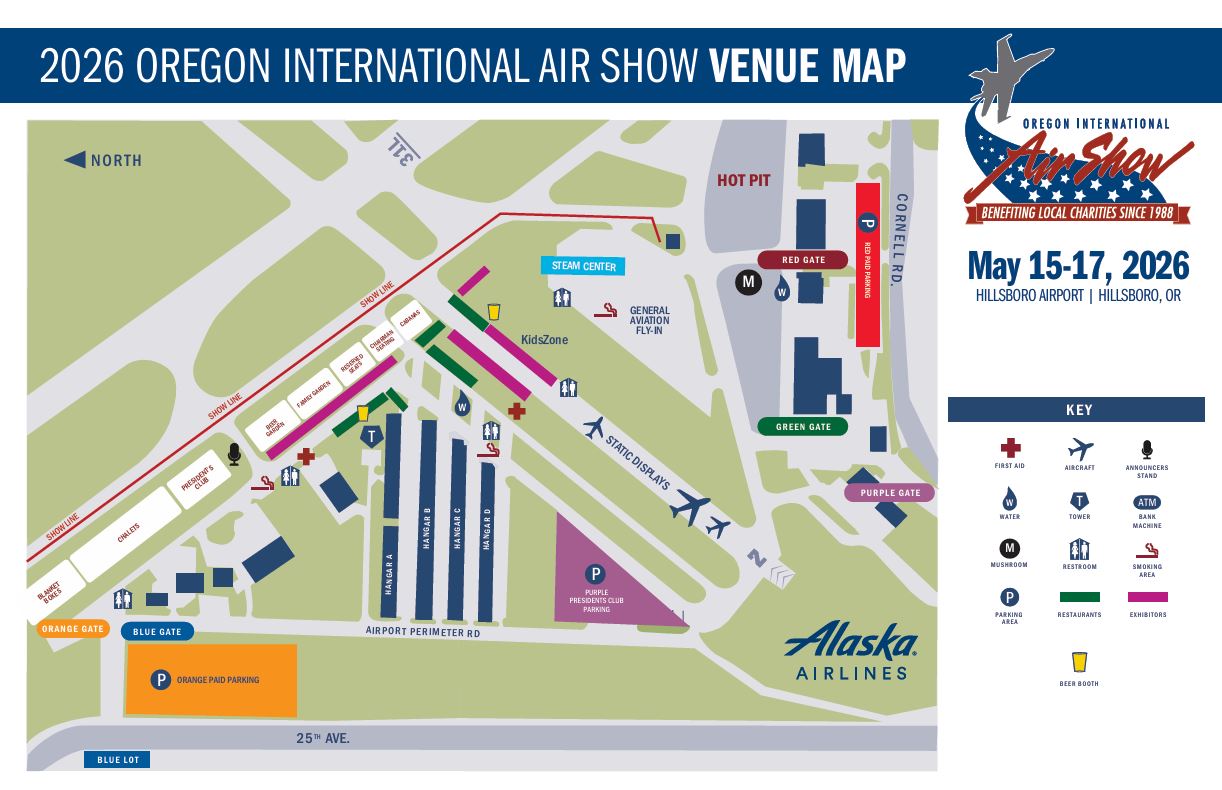 Illustrated venue map for the 2026 Oregon International Air Show at Hillsboro Airport in Hillsboro, Oregon, dated May 15–17, 2026. The map is oriented with a north arrow pointing left and shows the airport grounds, surrounding roads, and event layout. The main runway and show line run diagonally from lower left to upper right, marked “Show Line.” Spectator areas and chalets are positioned along the show line, including labeled sections such as Chalets, President’s Club, and Family Chalet. Nearby are announcer stands (microphone icons), first aid stations (red cross icons), restrooms, water stations, and smoking areas. Illustrated venue map for the 2026 Oregon International Air Show at Hillsboro Airport in Hillsboro, Oregon, dated May 15–17, 2026. The map is oriented with a north arrow pointing left and shows the airport grounds, surrounding roads, and event layout. The main runway and show line run diagonally from lower left to upper right, marked “Show Line.” Spectator areas and chalets are positioned along the show line, including labeled sections such as Chalets, President’s Club, and Family Chalet. Nearby are announcer stands (microphone icons), first aid stations (red cross icons), restrooms, water stations, and smoking areas. To the right of the show line is a KidsZone and Steam Center, with nearby seating areas and exhibitor/vendor rows indicated by colored bars (green for restaurants and magenta for exhibitors). A General Aviation Fly-In area is located near the upper center of the map. Further right are static aircraft display areas labeled “Static Displays,” with airplane icons indicating parked aircraft. Entry points include the Red Gate near Cornell Road at the upper right, Green Gate below it, and Purple Gate farther down. The Red Gate area includes accessible parking marked “P” and proximity to Cornell Road. At the lower left are additional entrances labeled Orange Gate and Blue Gate, leading to parking areas including Orange Paddock Parking and Blue Lot. Airport Perimeter Road runs along the bottom of the map, connecting to 25th Avenue. Hangars labeled A, B, C, and D are grouped near the center bottom, adjacent to the tarmac and display areas. A Purple President’s Club parking area is shown near the lower right. The Hot Pit area is marked near the top right of the runway complex. A legend (key) on the right identifies icons for first aid, aircraft, announcer stand, water, tower, ATM, mushroom (shade structure), restrooms, smoking area, parking, restaurants, exhibitors, and beer booths. Branding on the right side includes the Oregon International Air Show logo with the text “Benefiting Local Charities Since 1988,” and event details reading “May 15–17, 2026, Hillsboro Airport | Hillsboro, OR,” along with an Alaska Airlines logo near the bottom right.