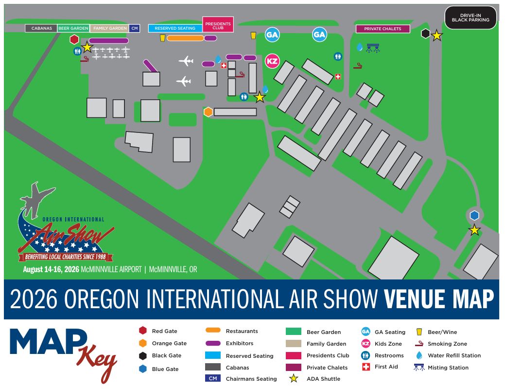 Oregon International Air Show 2026 Venue Map 2026 Oregon International Air Show venue map for McMinnville Airport, showing entrances, seating areas, parking, exhibitors, food and beverage locations, family amenities, restrooms, first aid, and accessibility services.