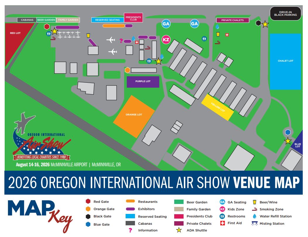 Oregon International Air Show 2026 Venue Map 2026 Oregon International Air Show venue map for McMinnville Airport, showing entrances, seating areas, parking, exhibitors, food and beverage locations, family amenities, restrooms, first aid, and accessibility services.